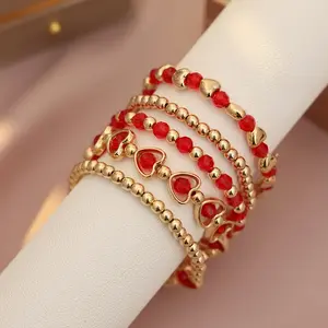 Bohemian Layered Bracelet Set 5pcs Red Heart Beads Year-Round Gift for Women