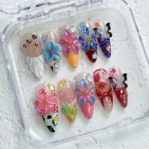[Butterfly Carnival] Floral Handmade Press on Nails, Fake Nails with Nail tool kit with Jelly Stickers, Reusable, Durable