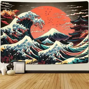Japanese Ukiyo-e Mount Fuji Wave Tapestry 3x5 FT - Polyester Wafuu / Retro Art Wall Hanging for Bedroom & Zen Space Decor, Home Bedroom Decor, Great Wave Banner