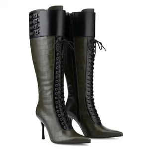 LUNETTA Sexy Stiletto Knee High Boots for Women, Lace Up Pointed Toe with Faux Crocodile Leather, Perfect for Party​