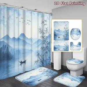 4PCS Serene Landscape Shower Curtain set, Blue toned Mountain and River Bathroom Decor, Accessories with Bath Mat, U-shaped Mat, Toilet Lid Cover, 12 Hooks 180x180cm Curtain, Nature Aficionado, Home Decor, bathroom accessories