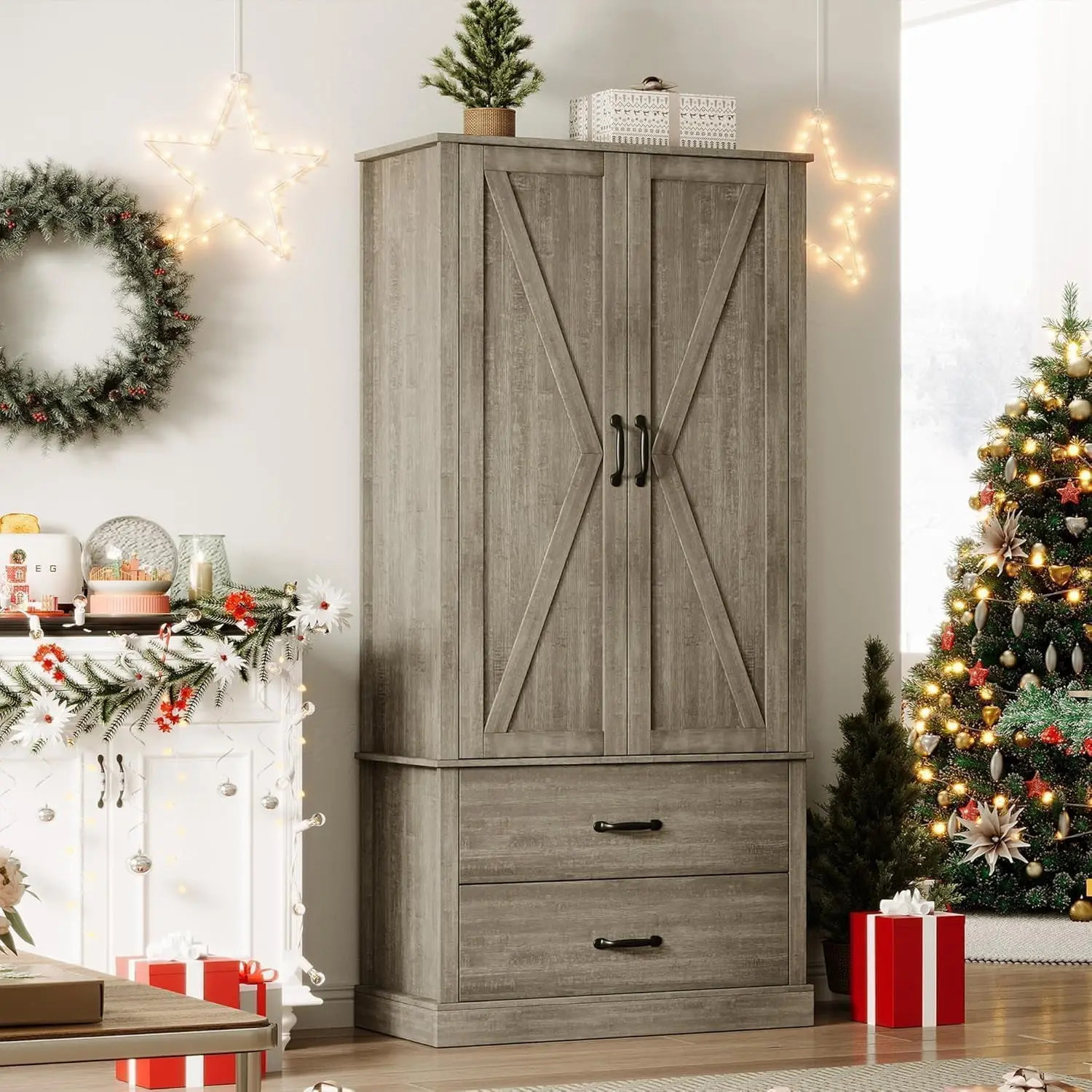 Gaomon Rectangular Farmhouse Barn Doors Engineered Wood Kitchen Pantry Cabinet - Double Doors, Drawers, Metal Handles, Adjustable Shelf, Easy Setup, Versatile Storage for Living Room, Dining Room, Barn Doors Cabinet