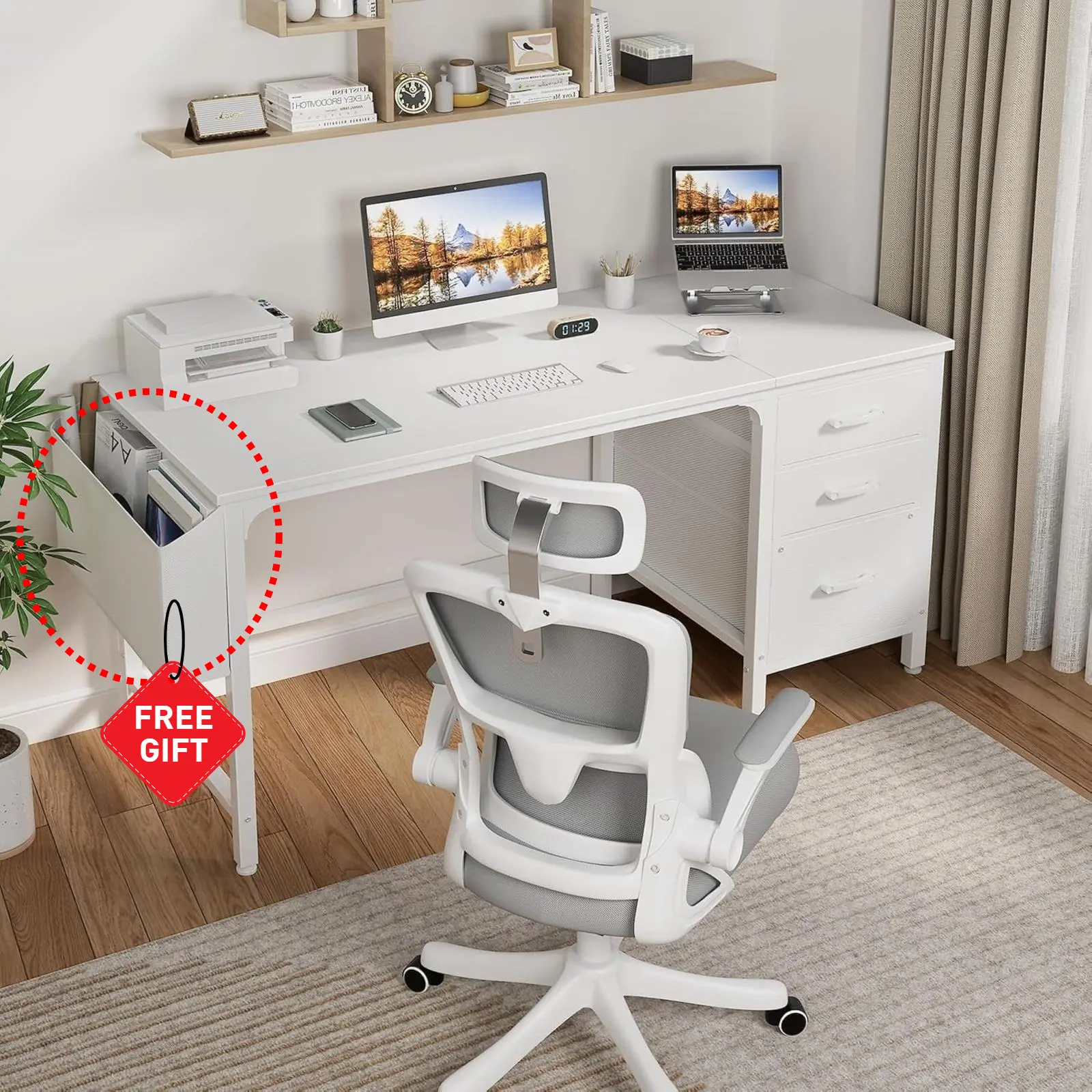 Lufeiya White Computer Desk with Fabric File Drawers Cabinet, 55 Inch Reversible Desks with Storage Filing Cabinet for Home Office, Modern Writing Table PC Desks for Bedroom, White, Get Free Gift