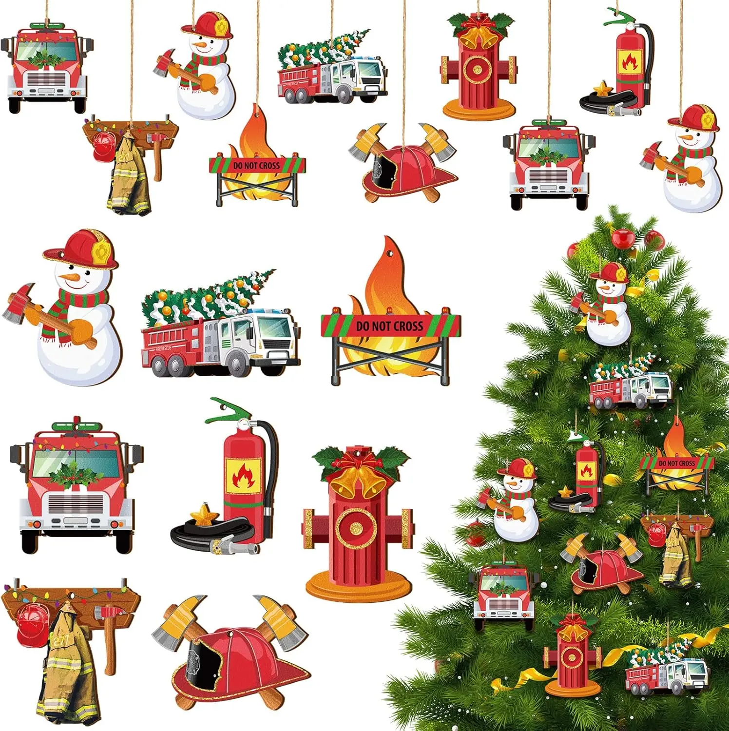 32 Pieces Christmas Ornaments with Rope Wood Firefighter Gifts Memorial Fire Department Gifts Firefighter Decor Decorative Hanging Ornaments for Fireman Christmas Tree (Fire Hydrant Style)