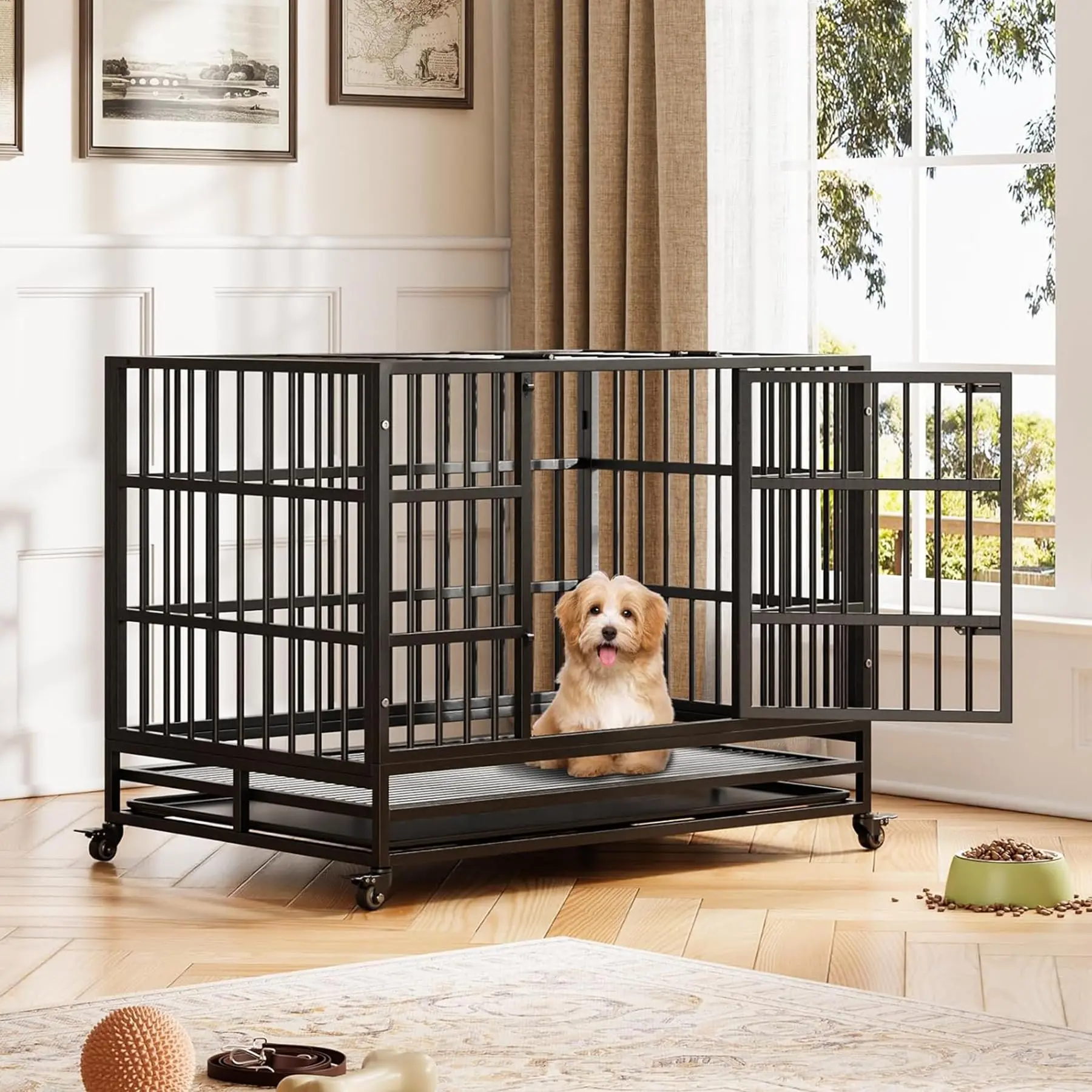 YJ-Garvee 42.5 Inch Heavy Duty Foldable Dog Crate with Double Doors, 360° Lockable Wheels, Removable Tray, Easy to Clean and Assemble, Suitable for Small to Medium Dogs