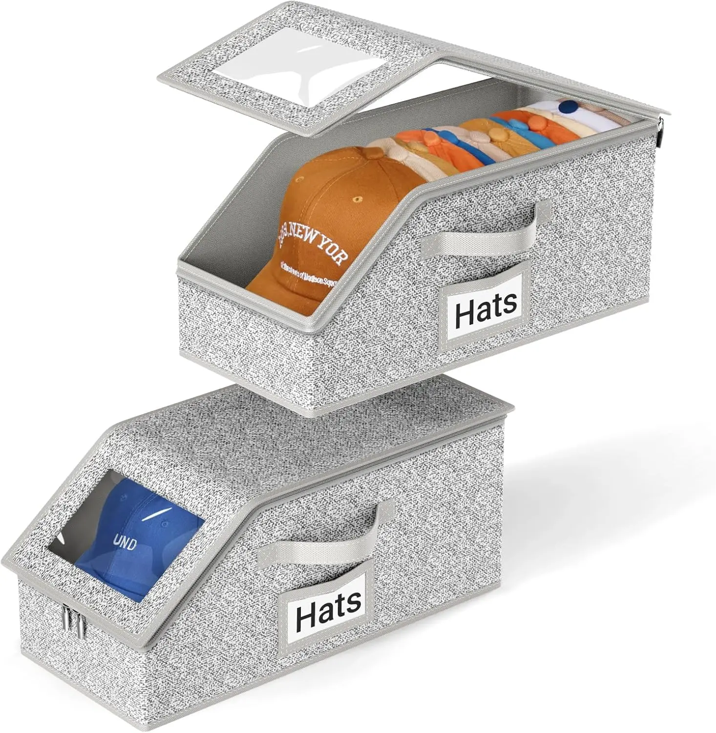 Grey Stackable Hat Storage Organizer - 2-Pcs PVC Space Saving Organizer Boxes, Large-Capacity All-Purpose Nesting Box with 17x8.7x6.7in Sturdy Cardboard Base, Dustproof for Car Trunk (Holds Up to 24 Baseball Caps)