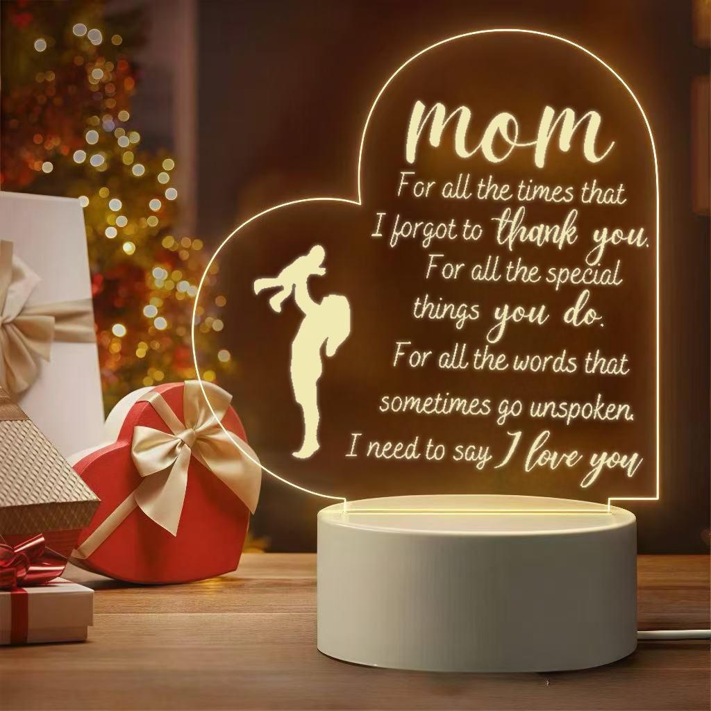 Mom Thank You Heart 2D Acrylic LED Night Light, Warm White USB Bedside Lamp, Mother's Day Birthday Gift for Mom, Bedroom Home Decor
