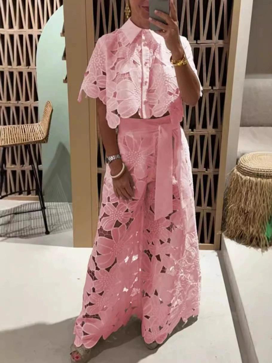 Women's 2026 New Retro Lace Outfit Set Short Sleeved Blouse Tops & Tie-up Pants Two-Piece Embroidery Hollow Temperament Suit for Casual & Special Occasions Women's 2026 New Retro Lace Outfit Set Short Sleeved Blouse Tops & Tie-up Pants Two-Piece Embroidery Hollow Temperament Suit for Casual & Special Occasions
