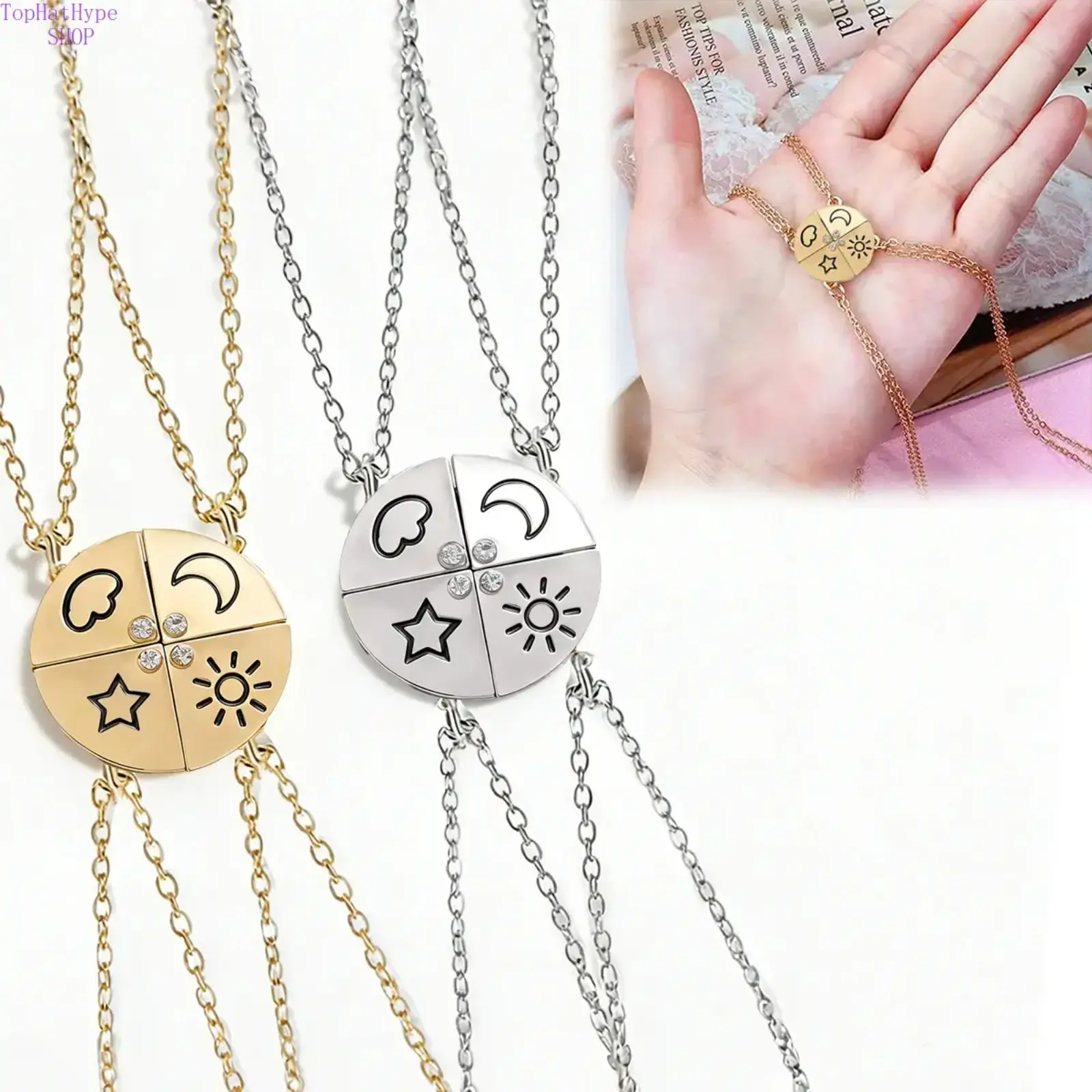 Statement Celestial Necklace Set for Best Friends, 4-Piece Magnetic Sun Puzzle Pendants, Alternative Matching Gift for Teen Girls, Celestial Motifs, Magnetic Set, Alternative Jewelry Sets