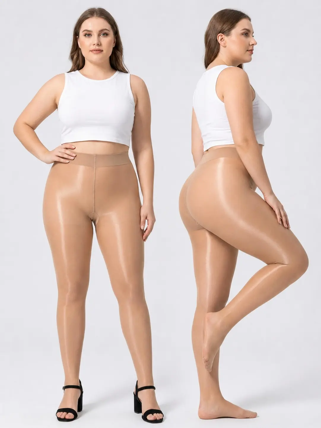 Pack de 2 Pantimedias Brillantes para Mujer Talla Grande - Medias Transparentes Cintura Alta de Aceite, Ultra Finas y Elásticas