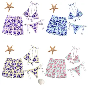 Tropical Hibiscus Matching Couple Swimwear Set, His & Hers Floral Print Bikini & Shorts, Cute Vacation Gift Idea