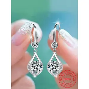 S925 Sterling Silver Elegant Glittering Water Drop Shaped Dangle Earrings, Fashionable Dangle Earrings for Women, Wedding Engagement Anniversary Gift, Shining Earrings