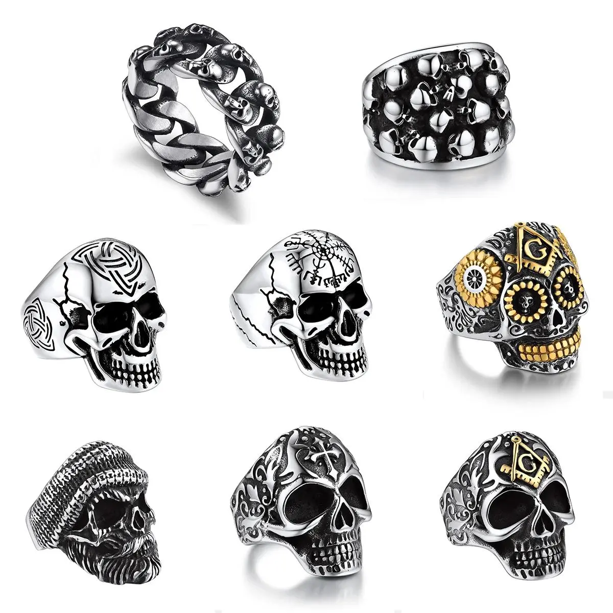 RING4U - U7 Stainless Steel Big Skull Rings for Man Woman Size 7-14 Cross 3D Skeleton Cuban Chain Celtic Knot Pattern Gothic Punk Jewelry