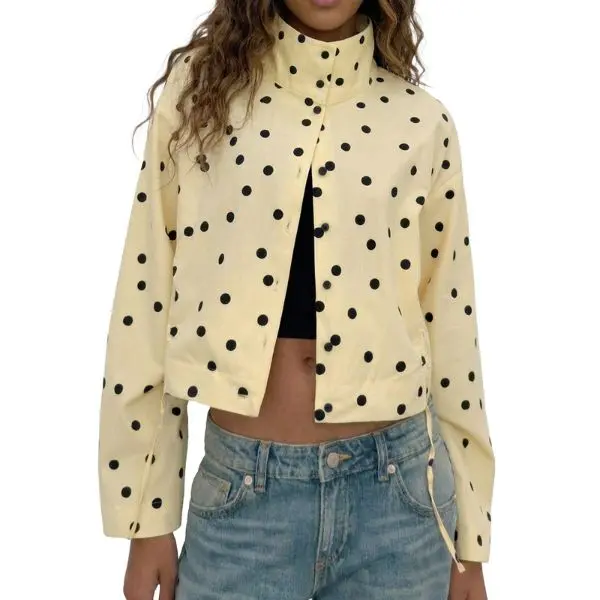 Fisoew Women's Soft Boxy Polka Dot Print Cropped Jacket, Casual Stand Collar Button-Down Top with Adjustable Drawstring, Tops, Retro, Lightweight