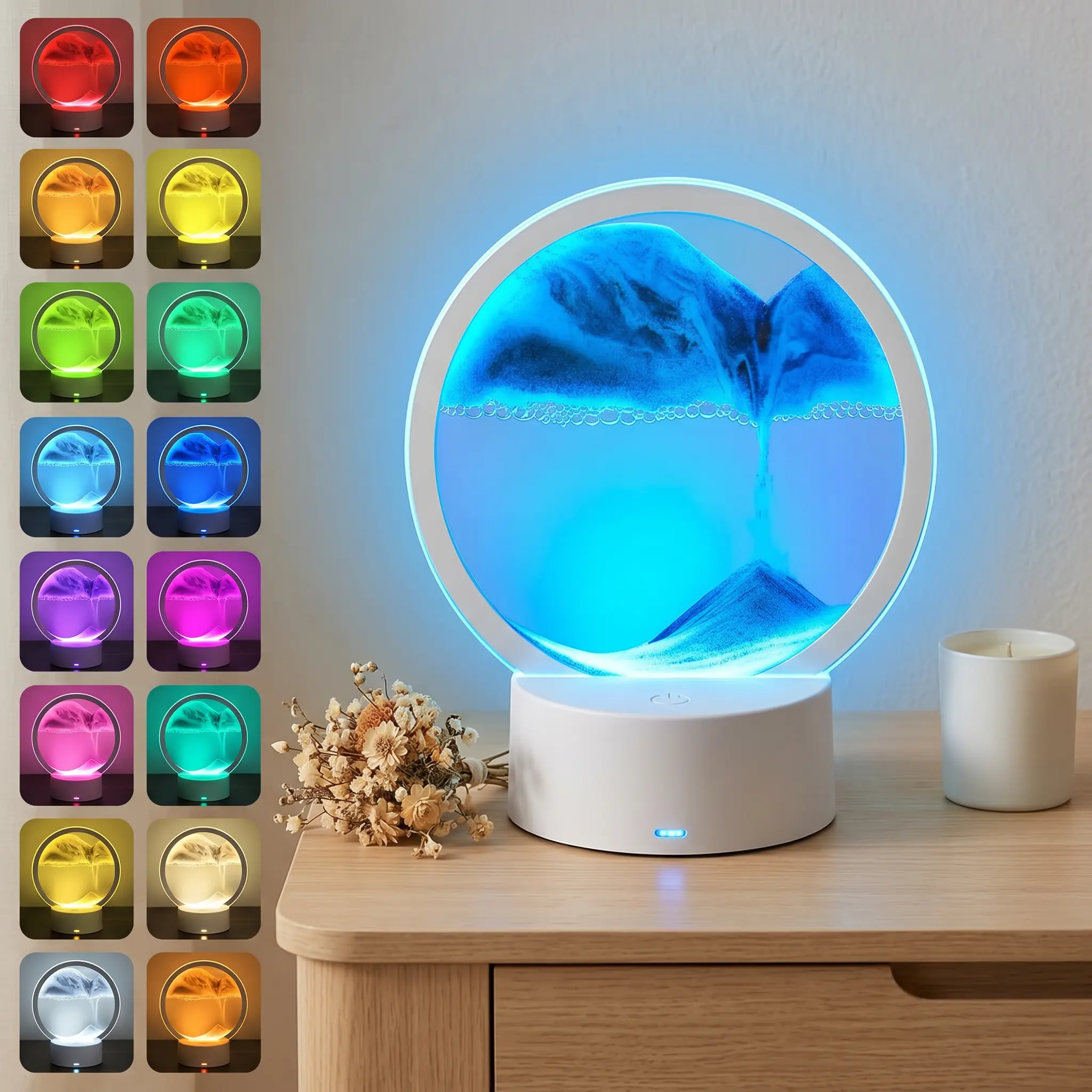 Viral Moving Sand Art Lamp with Switch, Grey-16-Color RGB LED Remote Control, 3D Deep Sea Sandscape Round Glass Frame, Dynamic Flowing Liquid Motion Sensory Toy for Stress Relief, Room Decor & Gift