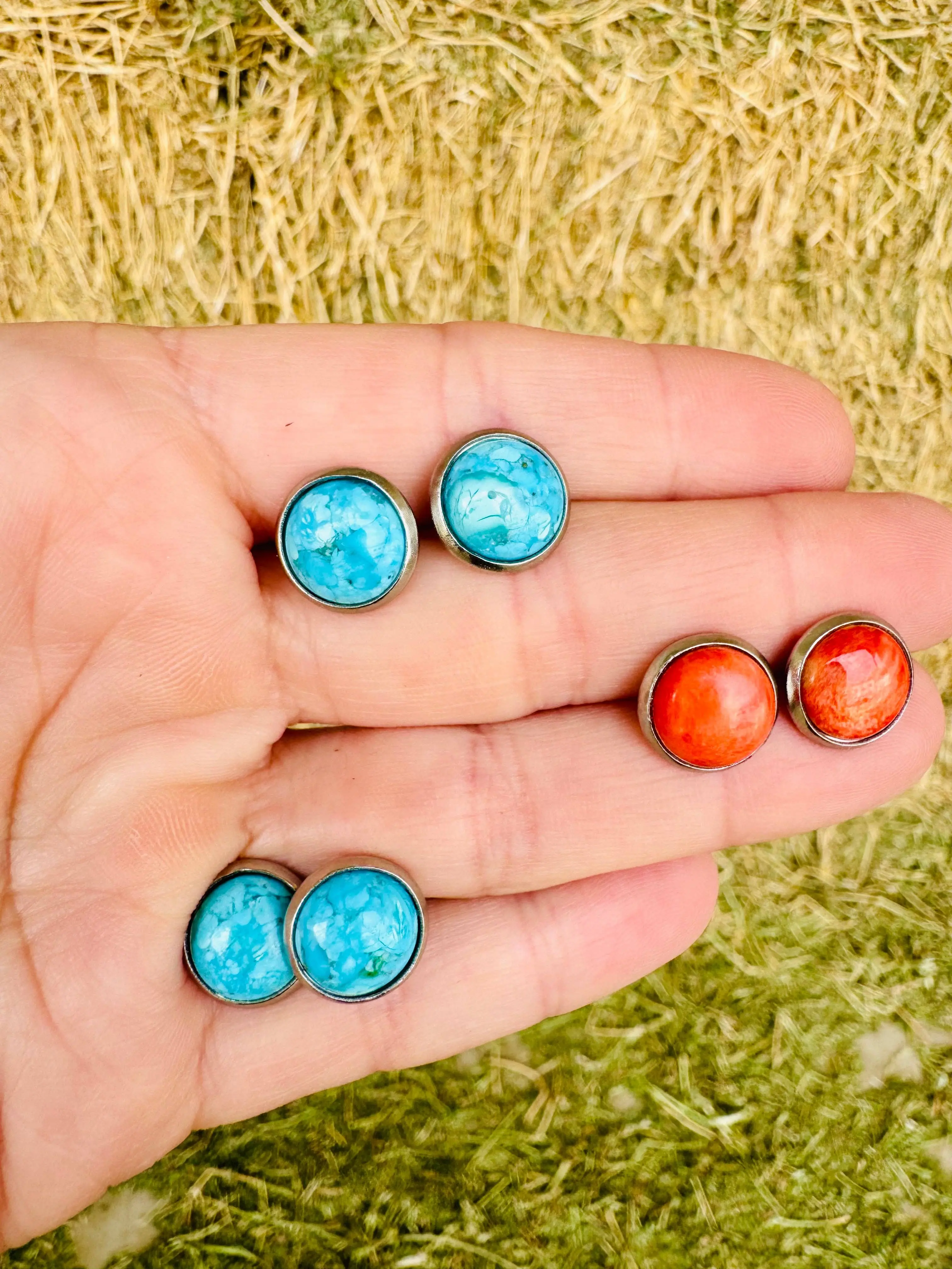 Genuine Turquoise Stud Earring/Orange/Red Spiny Oyster stud