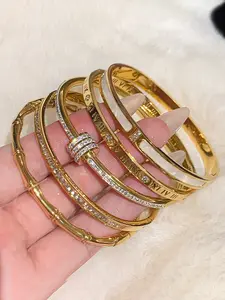5-Piece Zirconia Inlaid Titanium Steel Bracelet Set, Waterproof Non-Fading Gold Plated, High-End Plain Circle Bangles, Exquisite Bracelet