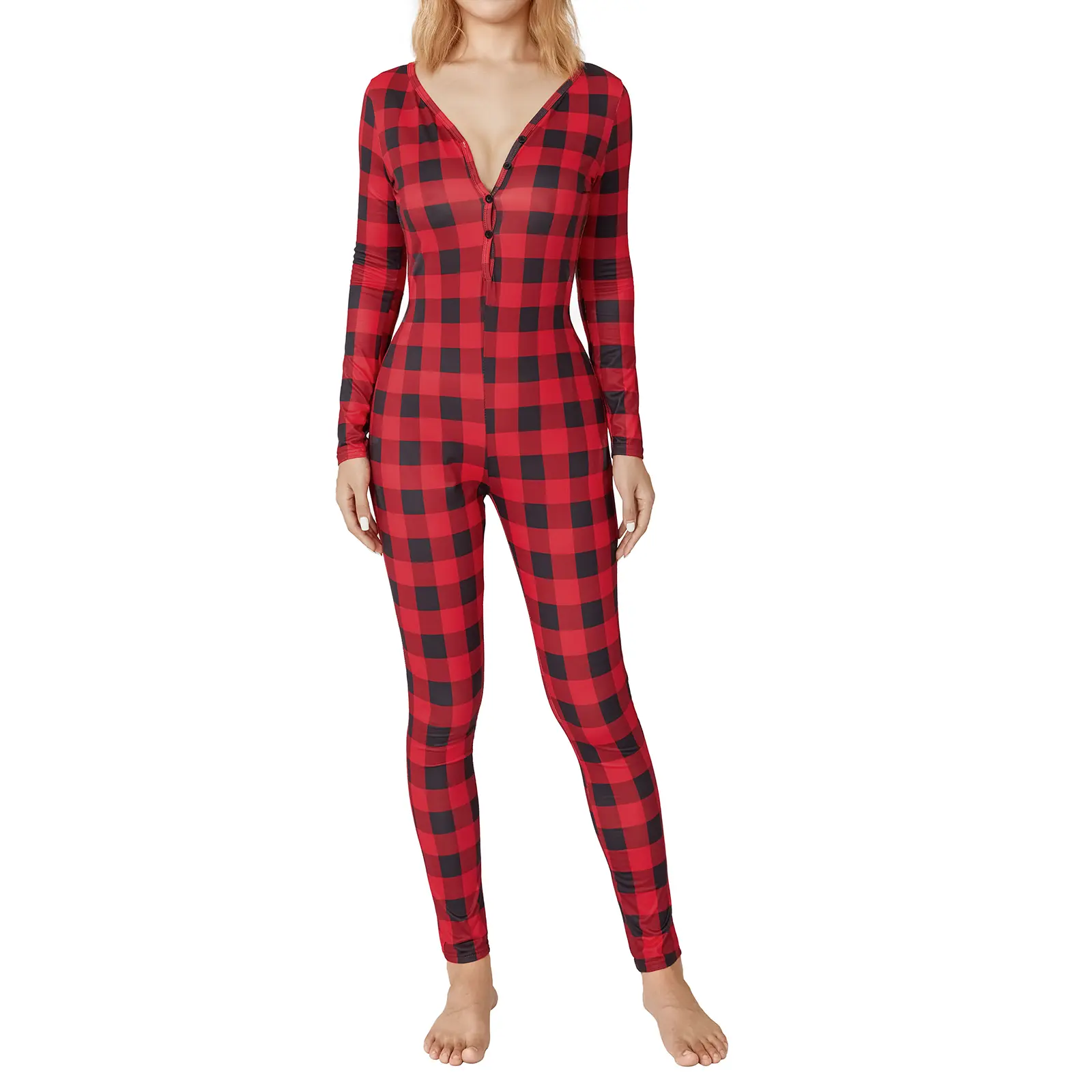 Women's Retro Plaid Bodycon Jumpsuit, Casual Long Sleeve V-Neck Zipper, Stretchy Soft Polyester Trouser, Pants, Style