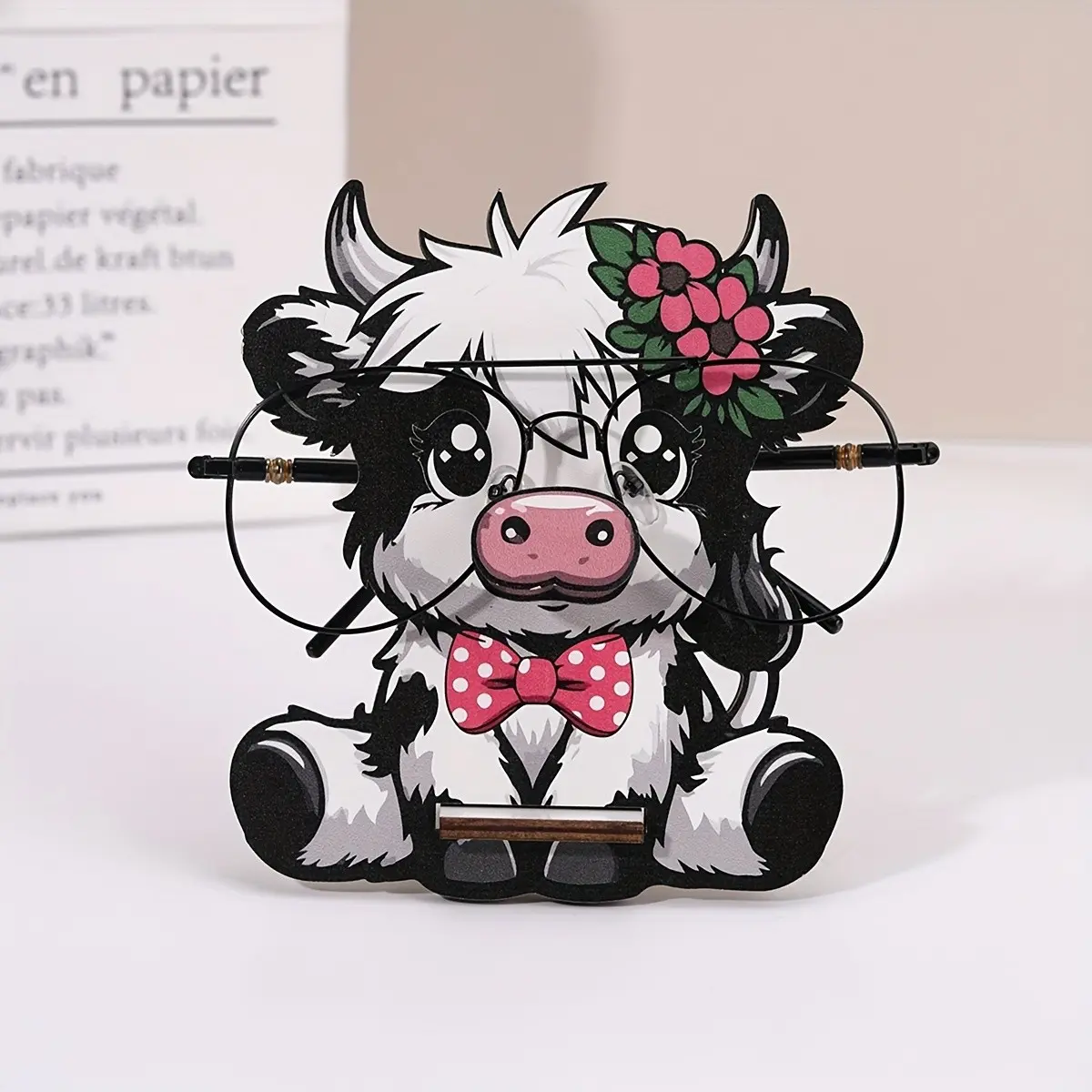 Wooden highland bull eye glasses holder, Cute animal design, with polka dot tie and book, durable wooden glasses holder display stand, suitable for home office desktop decoration, ladies' birthday gift, Aesthetic desk accessories, Desk Accessories