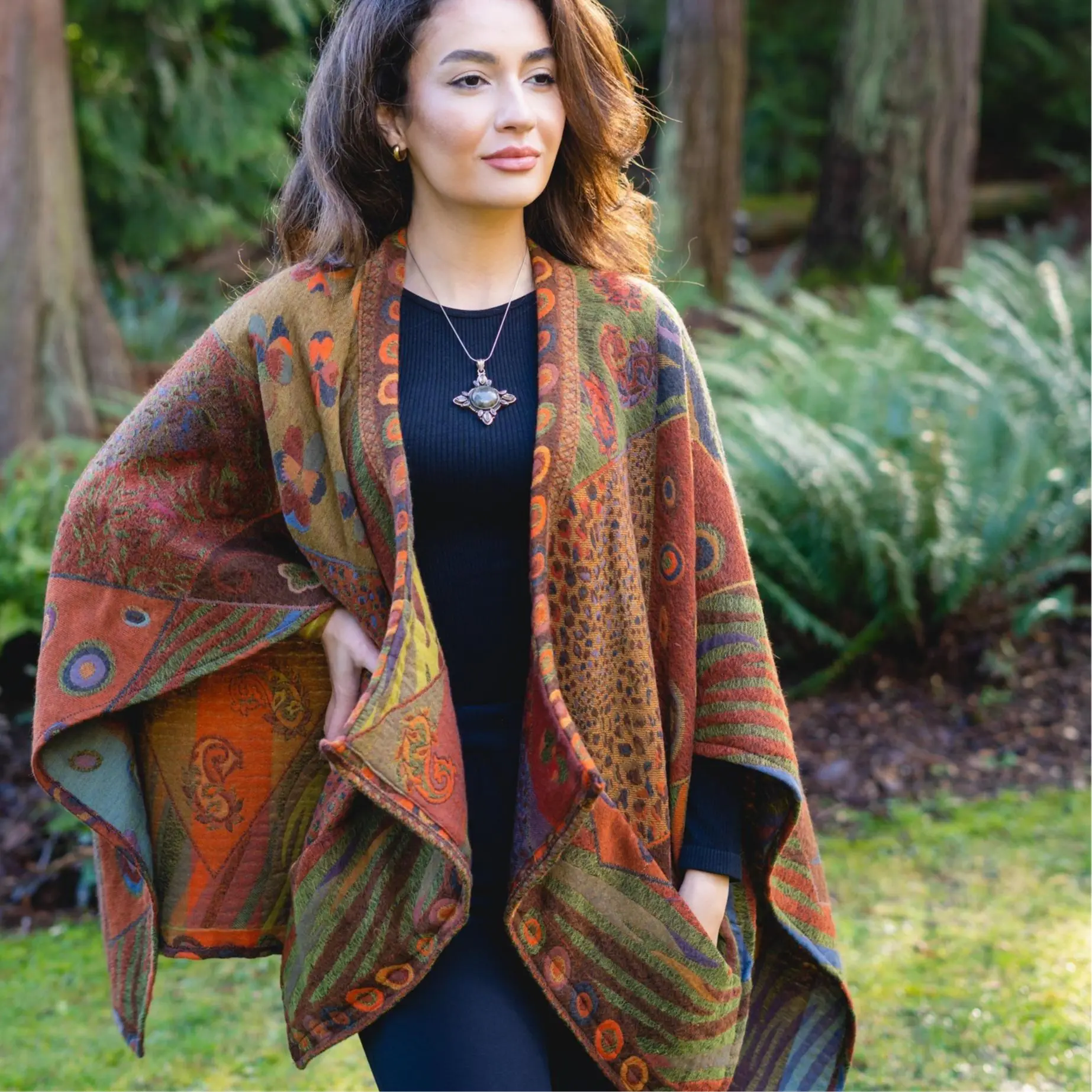 Bestselling BOILED MERINO Wool Poncho Cape Wrap with pockets in Reversible Autumn colors Green Orange Colors in Soft, warm, FREE Dust Bag Winter Floral