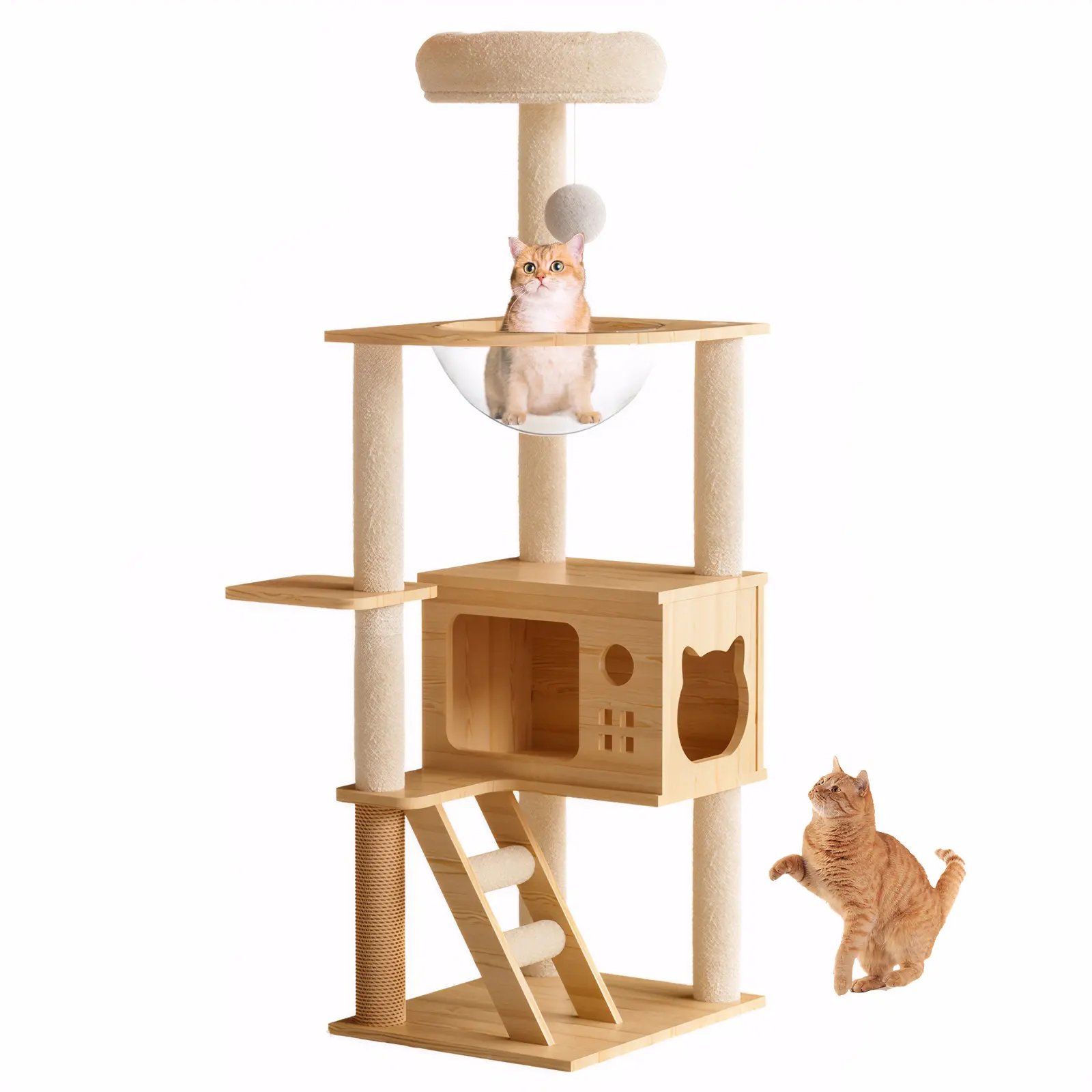 Aesthetic wood cat tower with clear acrylic hammock and scratching posts modern cat tree for large indoor cats living room furniture finds