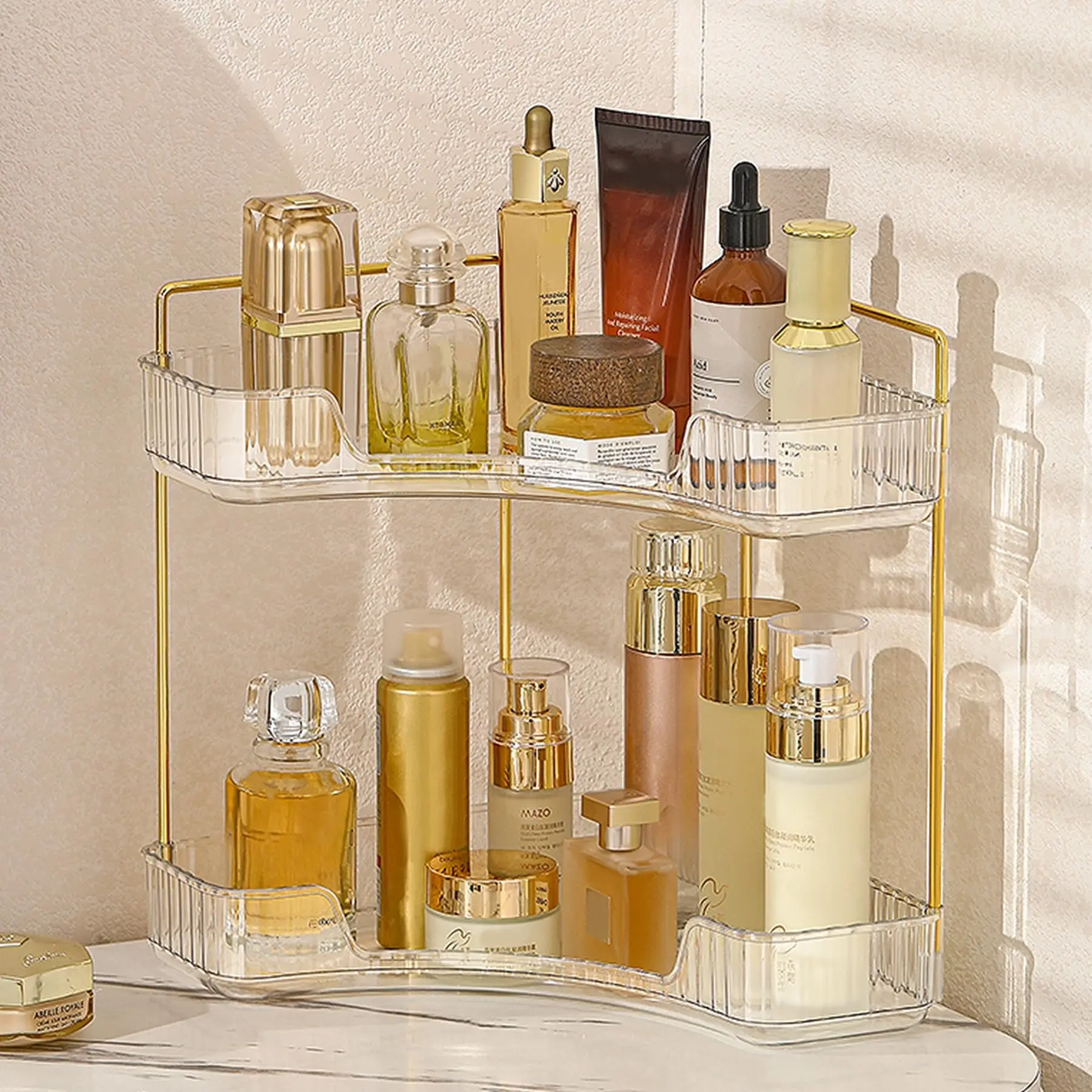 3 Tier /2 Tier Gold Metal Corner Shelf for Bathroom Countertop – Triangle Organizer That Fits Into Tight Spaces, No Drilling Needed, Vertical Storage for Skincare Makeup and Daily Essentials