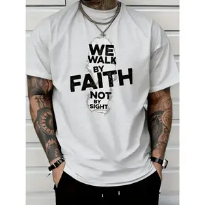 100% Cotton T-Shirt - "We Walk By Faith, Not By Sight" Inspirational Pattern Short Sleeve, 180g Breathable Fabric, Regular Fit Crew Neck Suitable for Summer Outdoor and Daily Wear, Religious and Inspirational Clothing