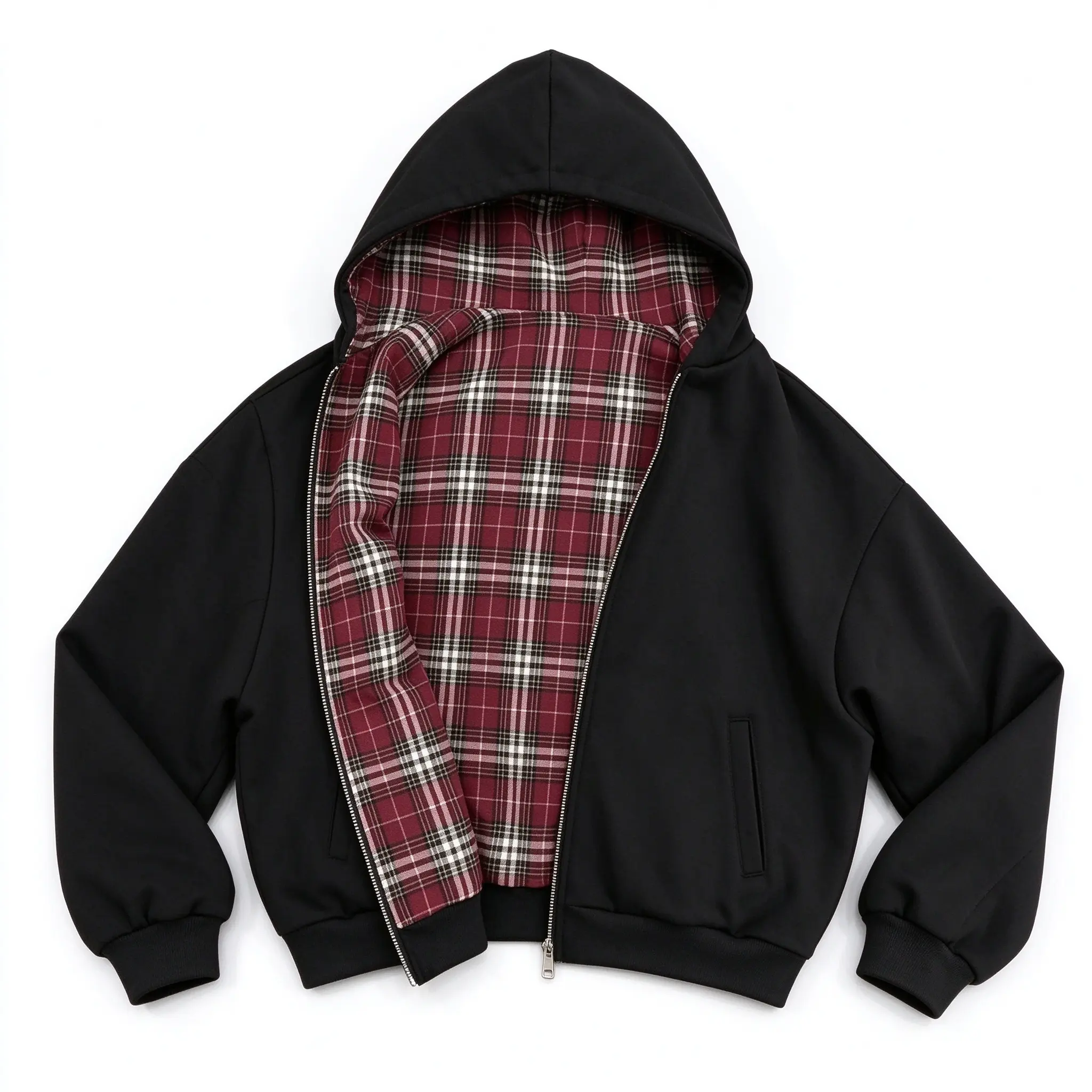 Men's Unisex Reversible Y2K Plaid Zip-Up Hooded Bomber Jacket - Oversized Varsity Streetwear Coat, Soft Sweatshirt Blend, Fall Winter Casual Daily Menswear Top Essential