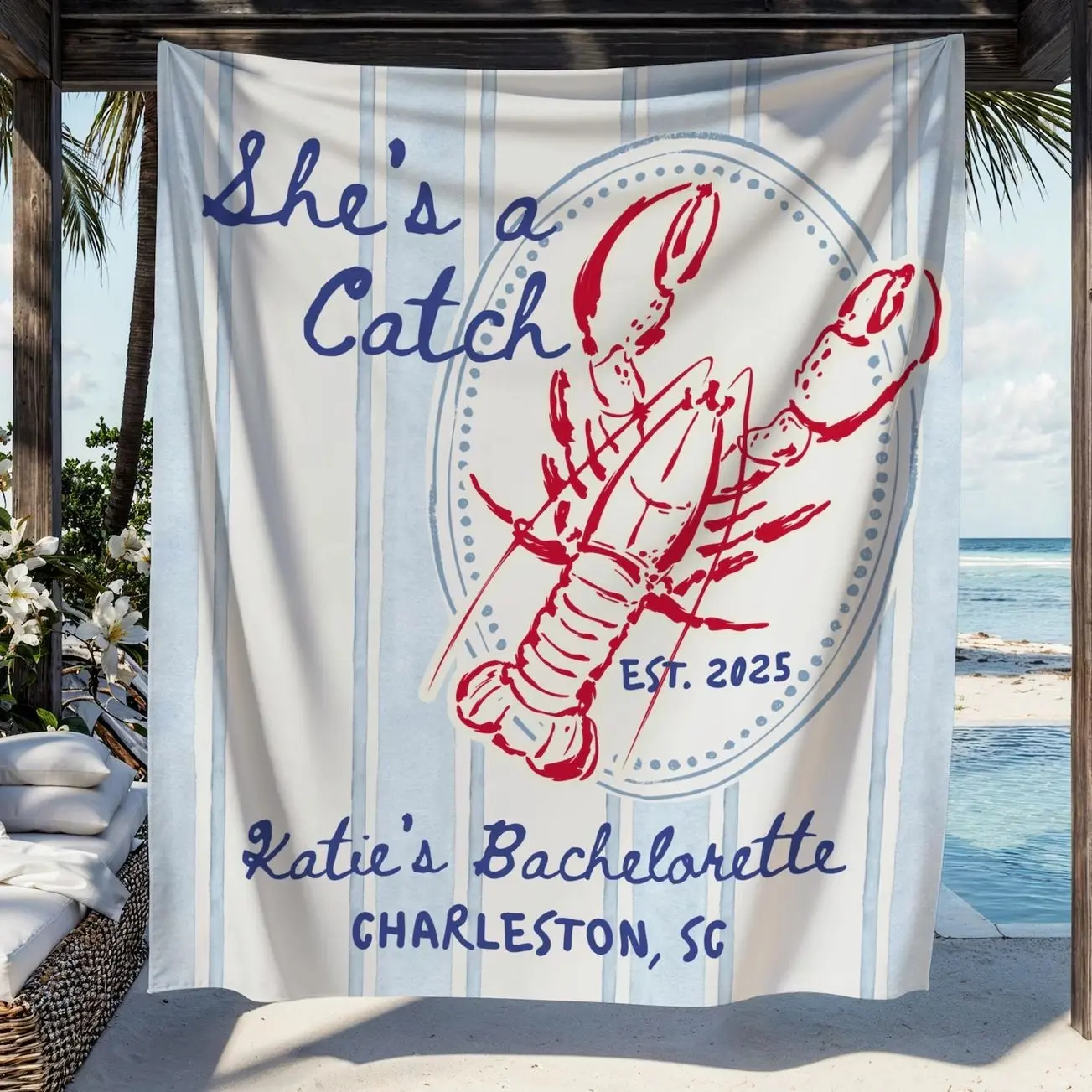 She's a Catch Bachelorette Banner Custom Lobster Theme Bachelorette Decor East Coast Bridal Shower Photo Backdrop Coastal Bachelorette Sign