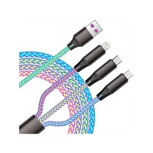 RGB LED Light USB-C Fast Charging Cable, 3-in-1 Multi-Charger Cord (USB/Lightning Interface/Micro USB), Compatible with Android & Type-C Phones, Durable High-Speed Charging Line (Third-Party Accessory)
