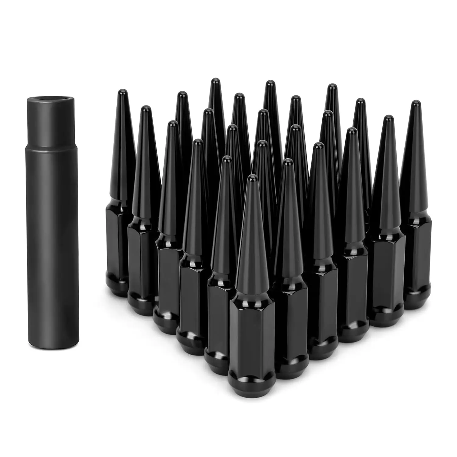 M14x1.5 Spike Lug Nuts for Silverado 1500, 24PCS Black 14x1.5 Wheel Lug Nuts for F150 Sierra 1500, 14mm x 1.5 Bulge Acorn Lug Nut with 1 Socket Key for Aftermarket Wheel