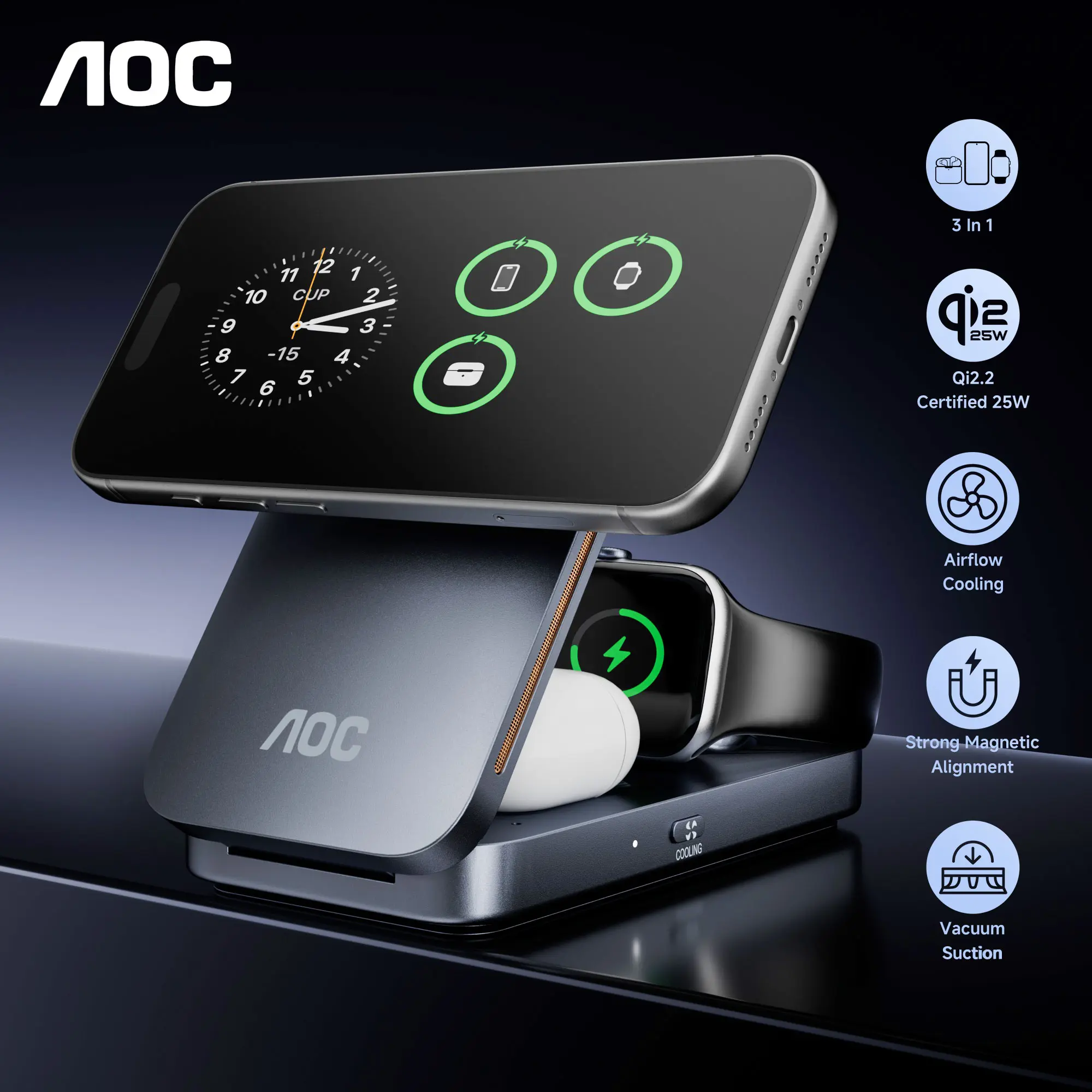 AOC Wireless Charger for iPhone & Samsung Galaxy, Qi2 25W Fast Charging 3 in 1 Foldable Magnetic Charging Station for Apple Watch & AirPods, 45W Adapter Included