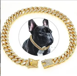 Cuban Link Dog Collar Gold Crystal Dog Necklace Metal Chain Collar with Design Secure Buckle Pet Collar Jewelry Accessories for Small Medium Large Dogs Cats Summer Durable Zirconia Diamond Decoration