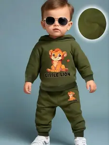 Baby Boys Spring & Fall Cartoon Print Fleece Hoodie and Pants Set, Cute Casual Two-Piece, Toddler Fashion, Baby Boy Clothes