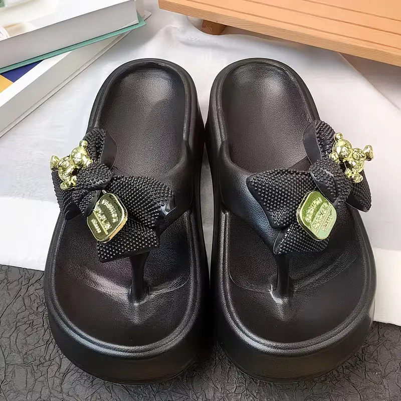 Women's Fashion Platform EVA Flip Flops with Bear Charm & Bow, Soft Cushioned Thong Sandals, Lightweight Slip-On Beach Slides for Casual Walking, Vacation & Everyday Wear