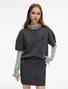 Wool Blend Women Knit Top With Detachable Brooch Fit Feminine