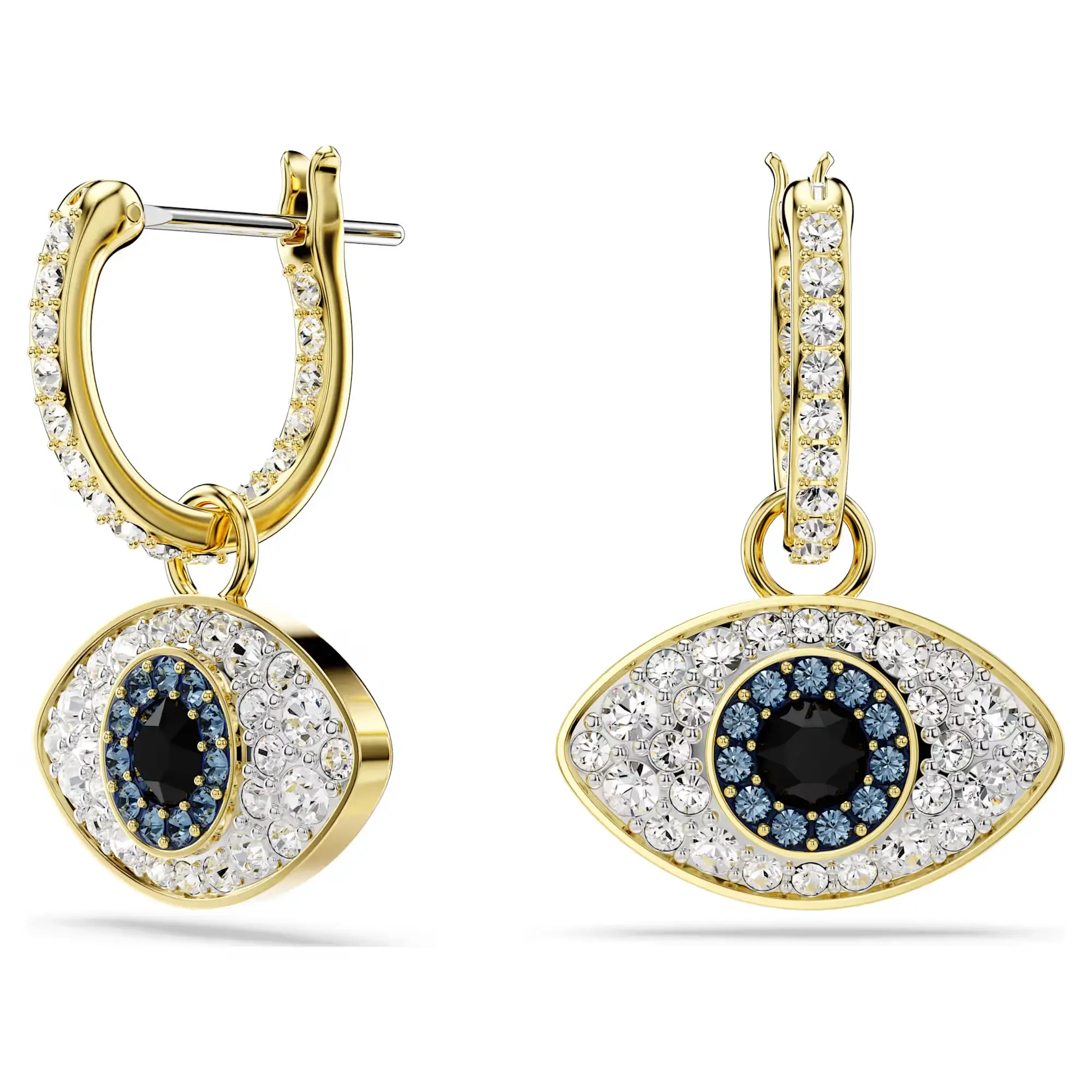 Swarovski Symbolica Gold-tone Plated Drop Earrings, Glamorous Evil Eye Motif with Mystical Blue and Black Crystal Pave, Unisex, Symbolism, Domed Evil Eye Motifs