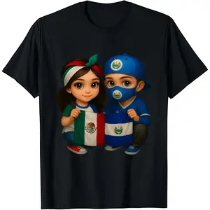 Fashion Designer Cotton Graphic T‑Shirt Featuring Kids Holding Mexico & El Salvador Flags, Classic Crewneck Soft Breathable Casual Tee, Trendy Tropical Style Ideal For Everyday Wear Vacation Outings And Perfect Gift For Men