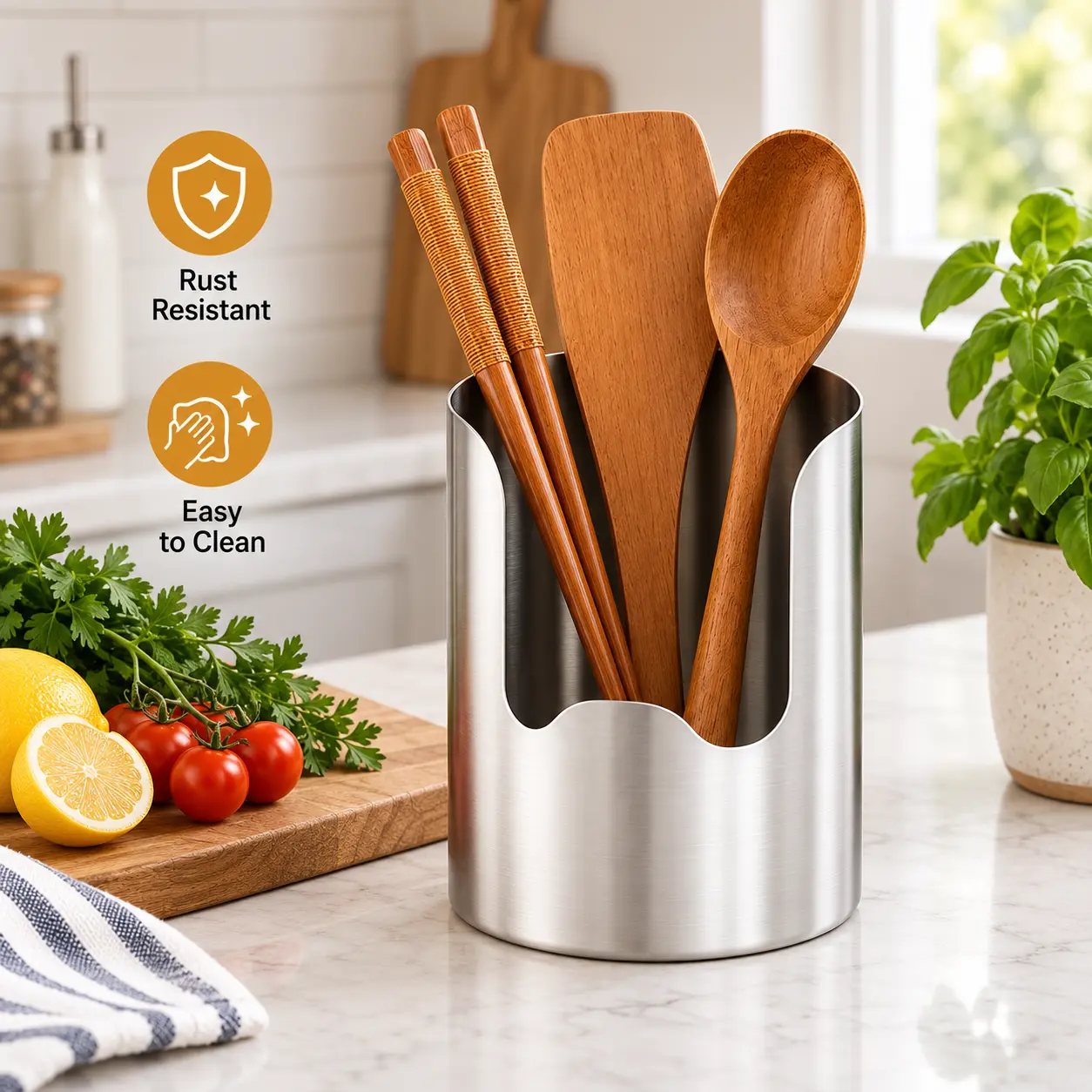 Sturdy Thickened Stainless Steel Utensil Holder - Kitchen Counter Storage Organizer for Cooking Tools, Spatulas, Spoons, Tongs, Kitchen Accessories & Storage Organization