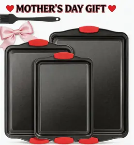 Mother's Day Gift-3-Pack Nonstick Baking Sheet Set with Free Silicone Brush, Cookie Pans with Silicone Handles, Dishwasher Safeurable Oven Bakeware for Baking, Roasting & Grilling,