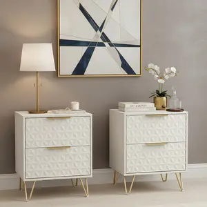 Spaco Luxe White&Gold  Nightstand (Set of 2) – 2-Drawer Cabinets with 3D Embossed Finish, Gold Legs & Handles, for Bedroom, Living Room, or Office