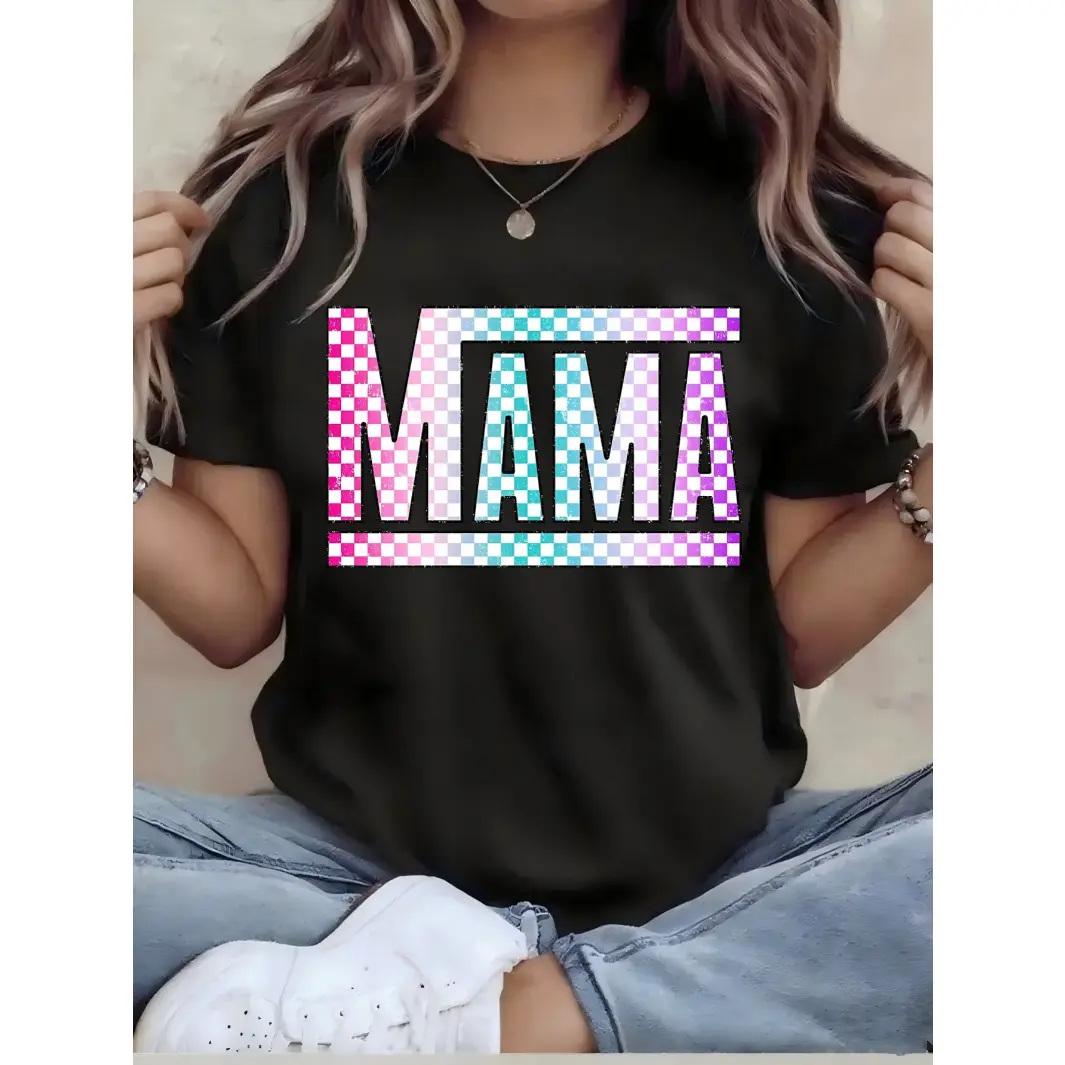 Womens Mama Graphic Tee Short Sleeve Crew Neck Casual Shirt Trendy Checkered Letter Print Top For Mom Life Everyday Wear Mother Gift