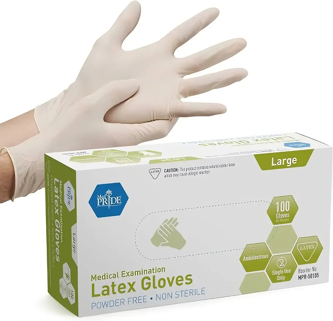 MedPride Powder-Free Latex Exam Gloves, Large, Box/100