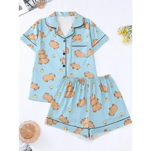 Cute Capybara Print Women's Pajama Set, Turn-down Collar Button Short Sleeve Top and Loose Elastic Shorts, Casual Women's Sleepwear and Loungewear