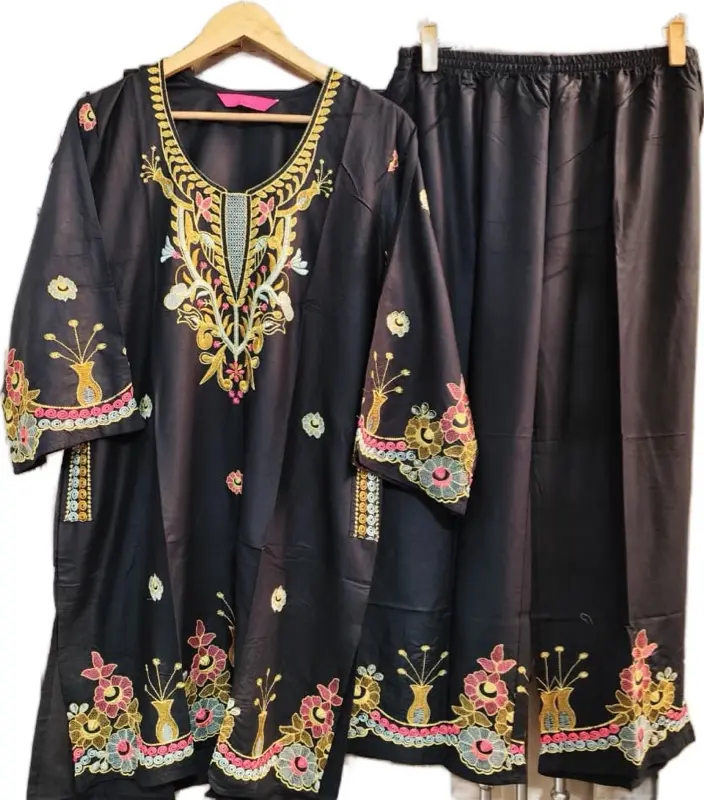 Reyon Cord Set - Black with Floral Embroidery, Long Sleeve Top & Matching Skirt, Casual Style