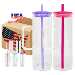 25 Pack YIPAI 20oz Clear Straight Blank Sublimation Glass Mugs with Handle and Colorful Plastic Lids Also Work For UV DTF Wraps Bottle Drinkware