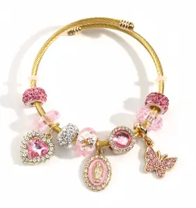 Pink Virgin Mary Butterfly Bracelet with Glitter Detail Faith Inspired Charm Jewelry for Women Lightweight Comfortable Daily Wear or Gifting