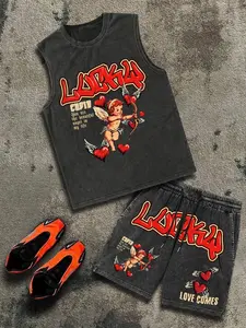 【Cotton】Men's Cartoon Print Tank Top & Letter Print Shorts Pyjama Two-Piece Set, Regular Fit Casual Comfy Round Neck Sleeveless Top & Shorts PJ Set, Men's Sleepwear for Summer Pajamas