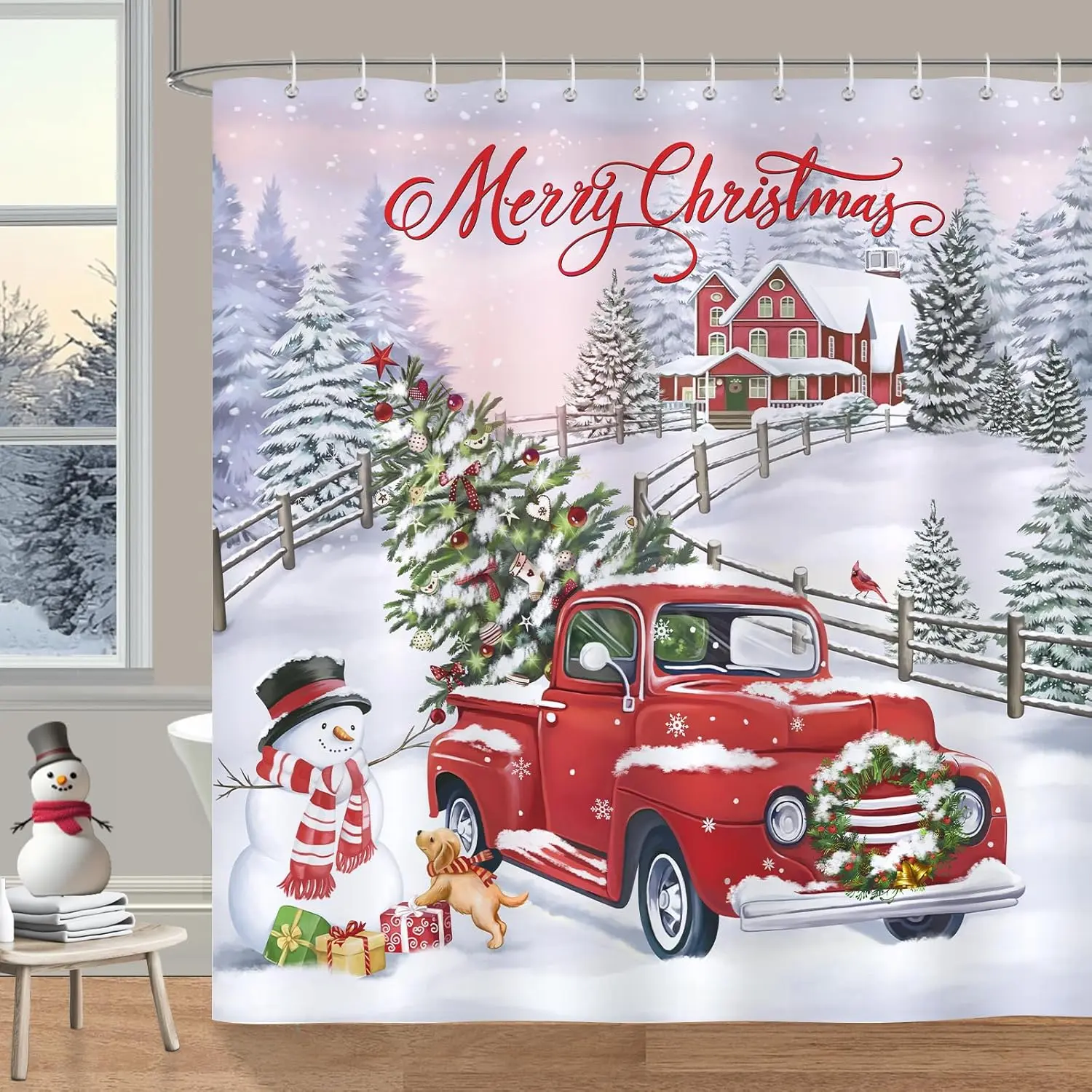 Merry Christmas Shower Curtain, Red Truck Xmas Tree Snowman Winter Holiday Bathroom Curtain 72 x 72 Inch Polyester Fabric Waterproof Bath Curtain with 12 Hooks