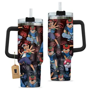 Elite Tumbler - Pokemon Trainer Satoshi Ash Ketchum Pokeball 40oz Tumbler With Handle & Straw, Anime Retro Collage Cup, Anime Inspired Travel Tumbler, Vintage webu Drinkware, otaku Fan Gift, Stainless Steel Coffee Mug, Gift for anime Lovers